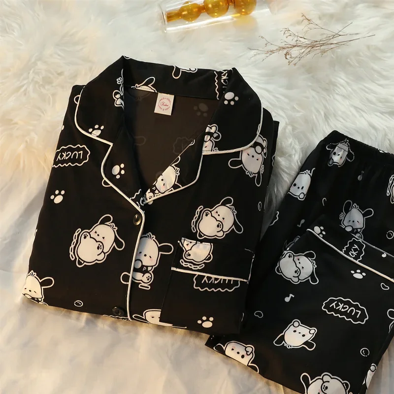 อะนิเมะ Kawaii Hello Kitty ผู้หญิงชุดนอน Sanrioed Kuromi Cinnamoroll ฤดูใบไม้ร่วงผ้าฝ้าย Homewear สาวการ์ตูน Nightgown เสื้อกางเกง