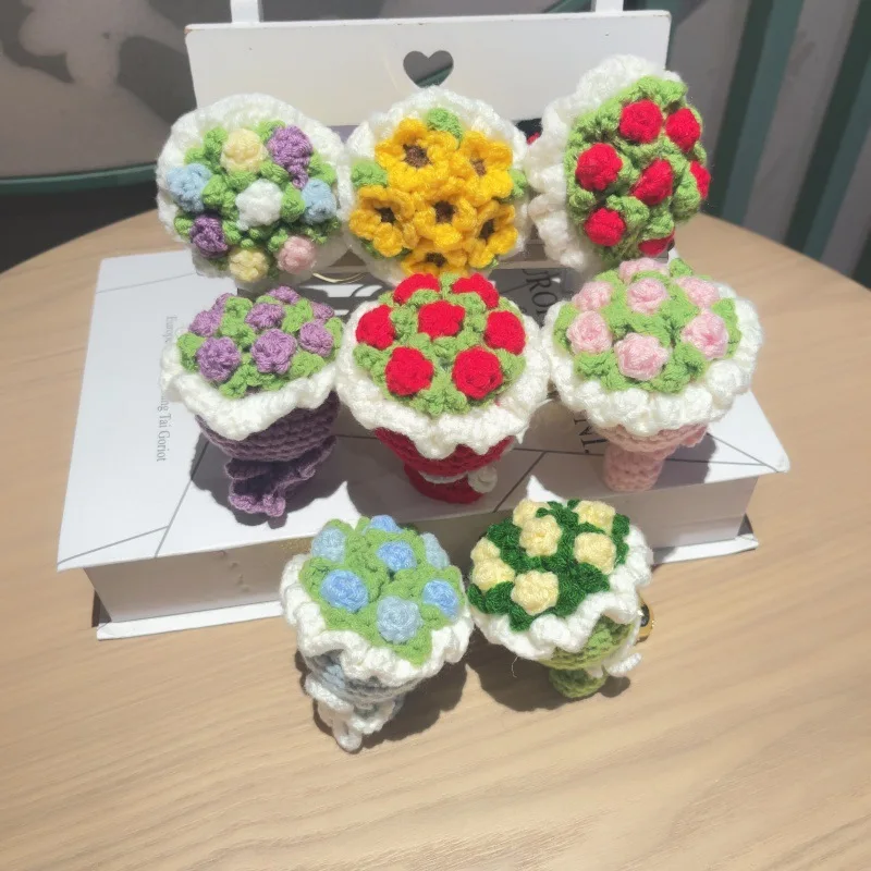 

Yarn Handheld Flower Keychain Handmade Crochet Ins Style Sunflower Hanging Ornament Artificial Rose Bouquet Bag