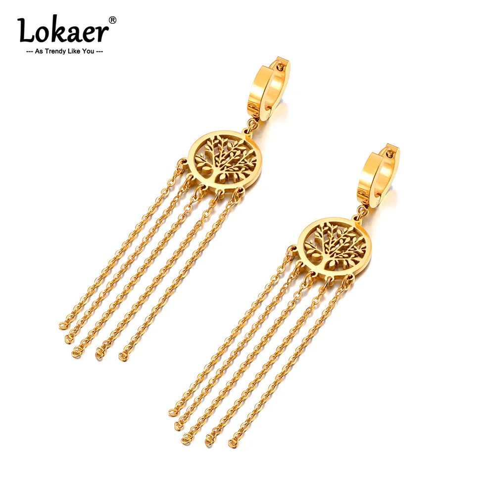 Lokaer Stainless Steel Life Tree Plant Tassel Hoop Earrings For Women Waterproof PVD Gold Plated Trendy Statement Jewelry E23233