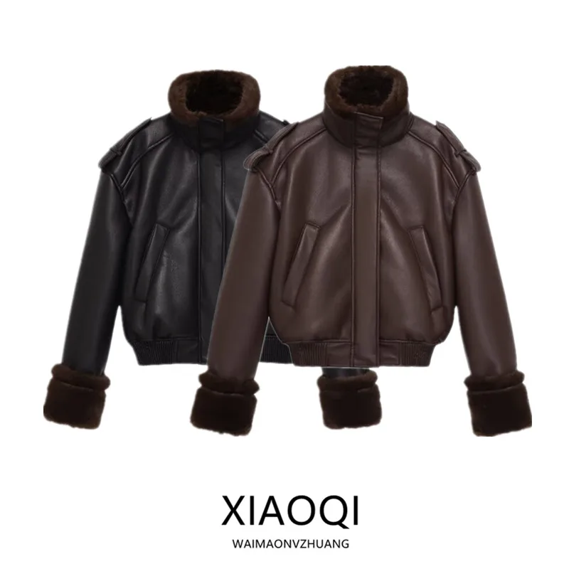 

New Winter 2025 Women's Faion Double-Sided Faux Leather Pilot Jaet Versatile Outerwear Zipper Closure ort Sle