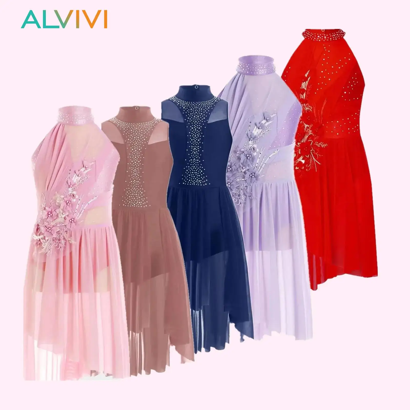 

Kids Girls Gymnastics Artistic Figure Skating Ballet Lyrical Dance Dress Irregular Hem Sparkly Rhinestone Performance Dresses