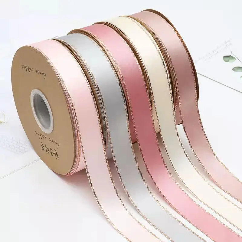 2.3cm 25 Yards Double Gold Edged Double-Sided Polyester Tape Ribbon Gift Flower Packaging Ribbon Decoration Handmade DIY Ribbons