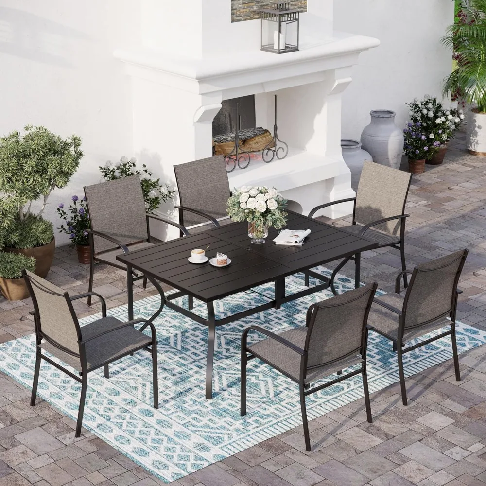 6-piece Brown Outdoor Dining Set, Rectangular Steel Dining Table with Umbrella Hole, Outdoor Courtyard Restaurant Set