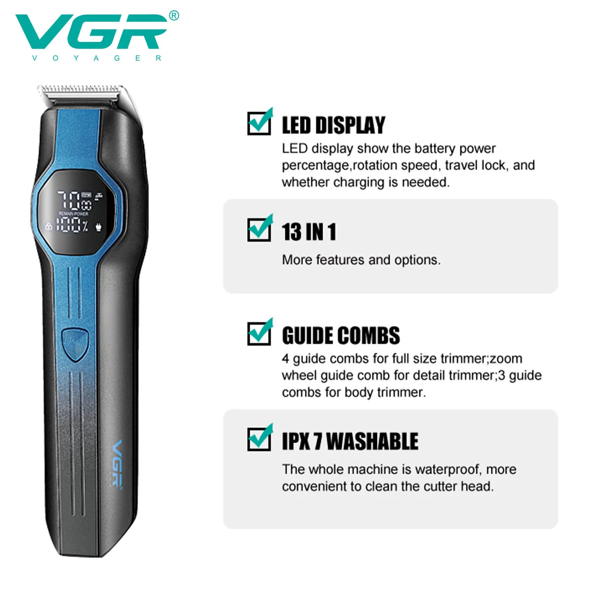 VGR 13 في 1 ماكينة تشذيب الشعر ماكينة حلاقة احترافية متعددة الوظائف ماكينة تشذيب شعر احترافية للرجال V-173