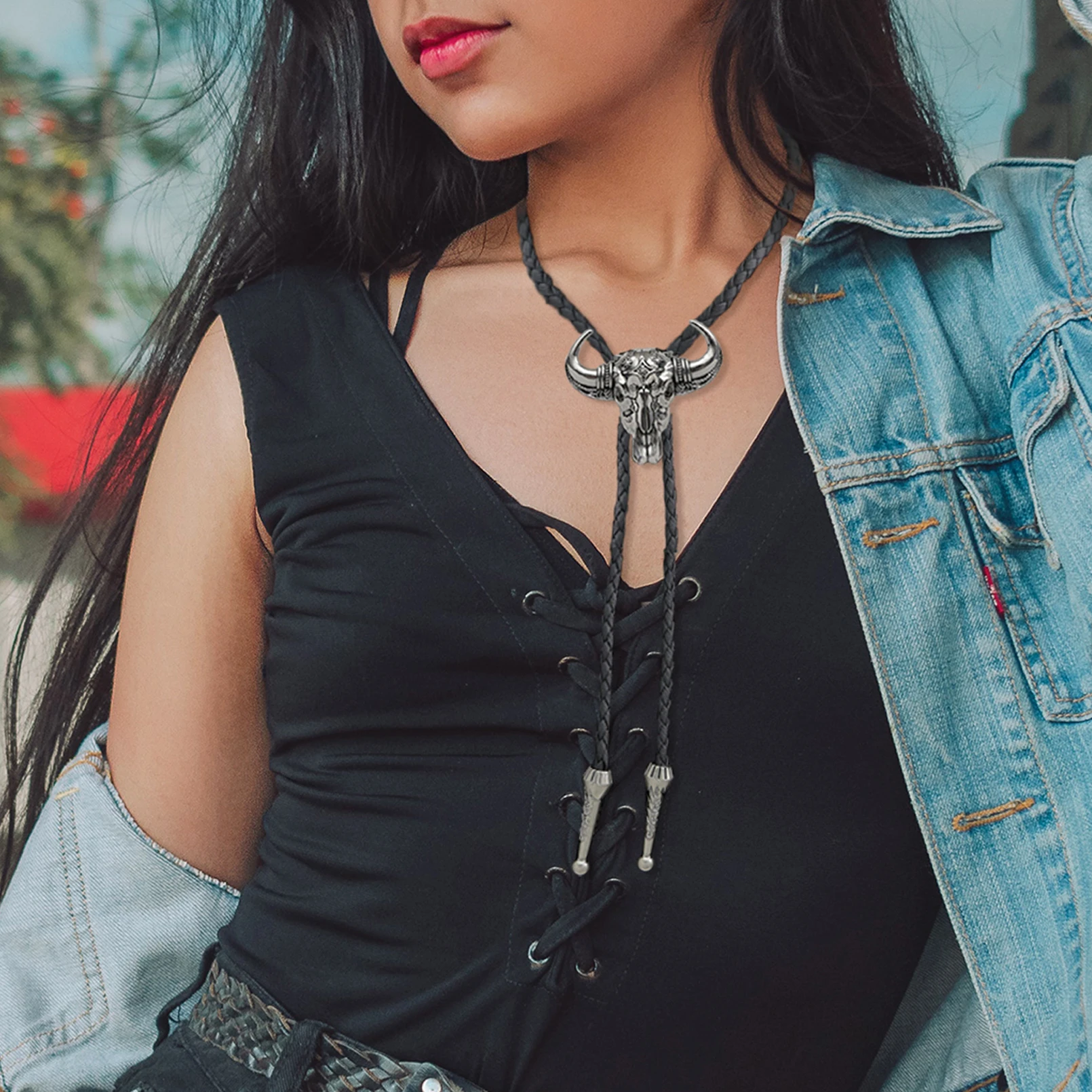 RechicGu Bolo-Krawatte mit Bullenkopf-Anhänger, Western-Cowboy-Krawatte für Herren, Lederseil, Halskette, Zubehör, Damen, Schmuck, Geschenke – Detail 5