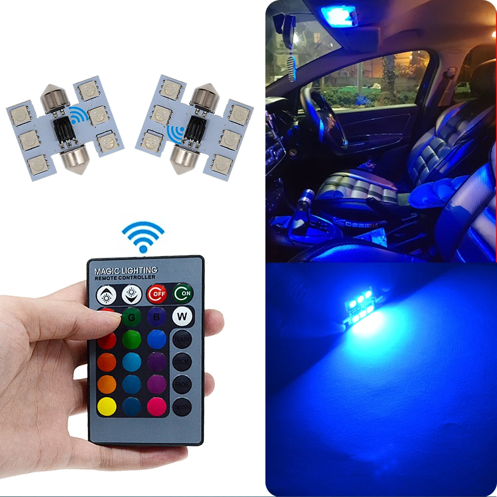 2X C5W Car Led 5050 6SMD 31/36/39/41mm Car Door Lights Automobile Remote Controller Colorful Reading Lamps Roof Atmosphere Bulbs