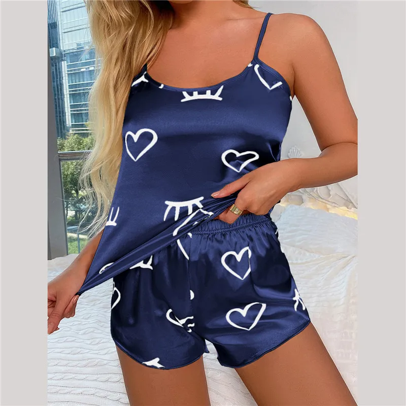 2023 Fashion Sexy Floral Pajama Set Women\'s 2 Pieces Sleepwear Pyjamas New Silk Satin Cami Top and Shorts Pajamas for Women Gift