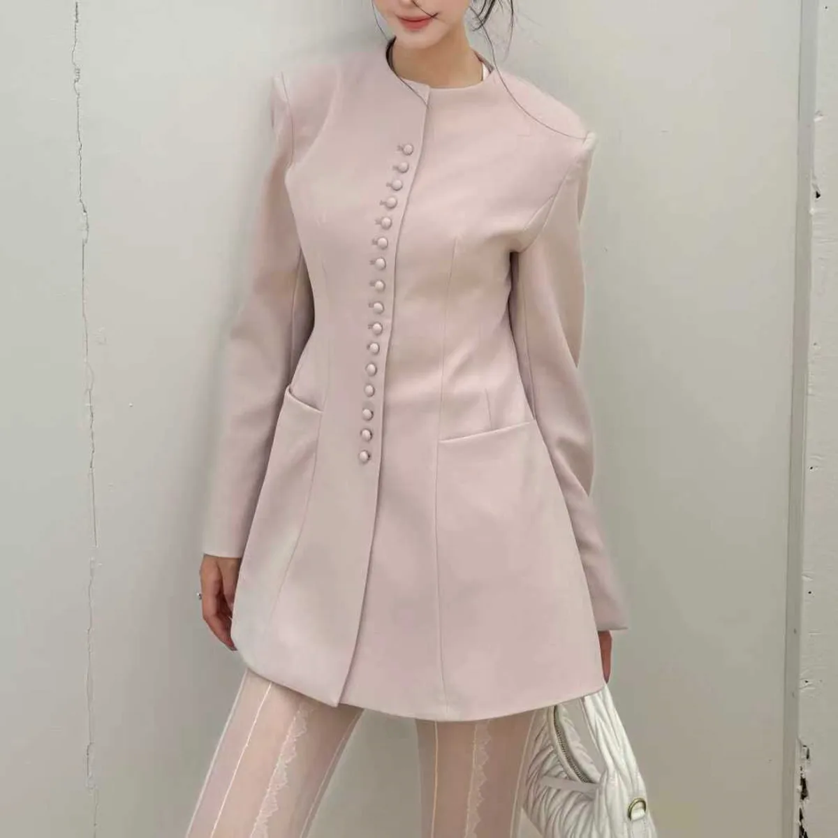 BJTZ Einreiher Designer Oansatz Blazer Jacke Für Frau 2025, Neue Einfarbig Tie-taille 2 Taschen Büro Dame weibliche Outwear