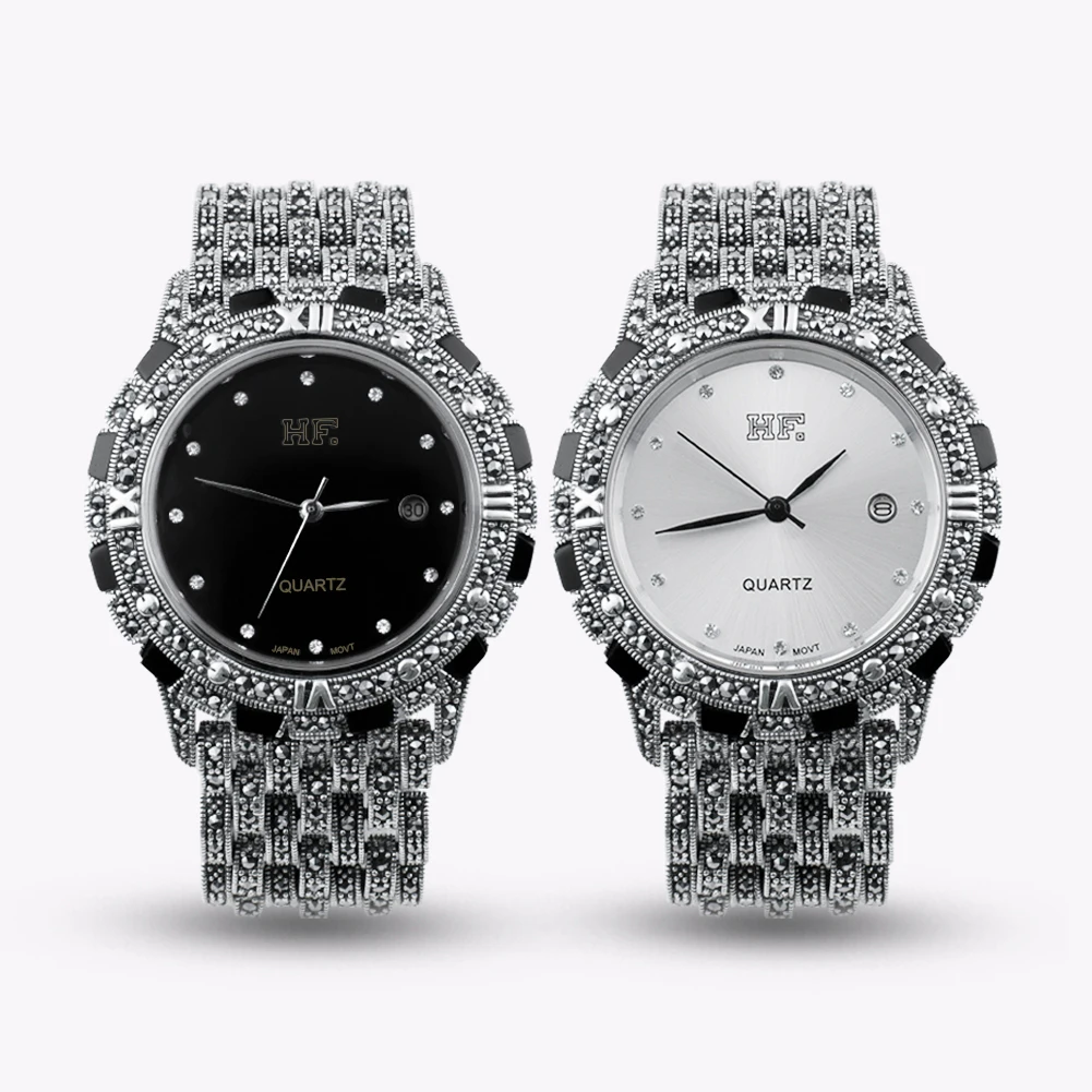 Thailand Silver Solid 925 Sterling Silver Marcasite Luxury Wrist Watches Jewelry Men's and Women's  Quartz Watches Personalized