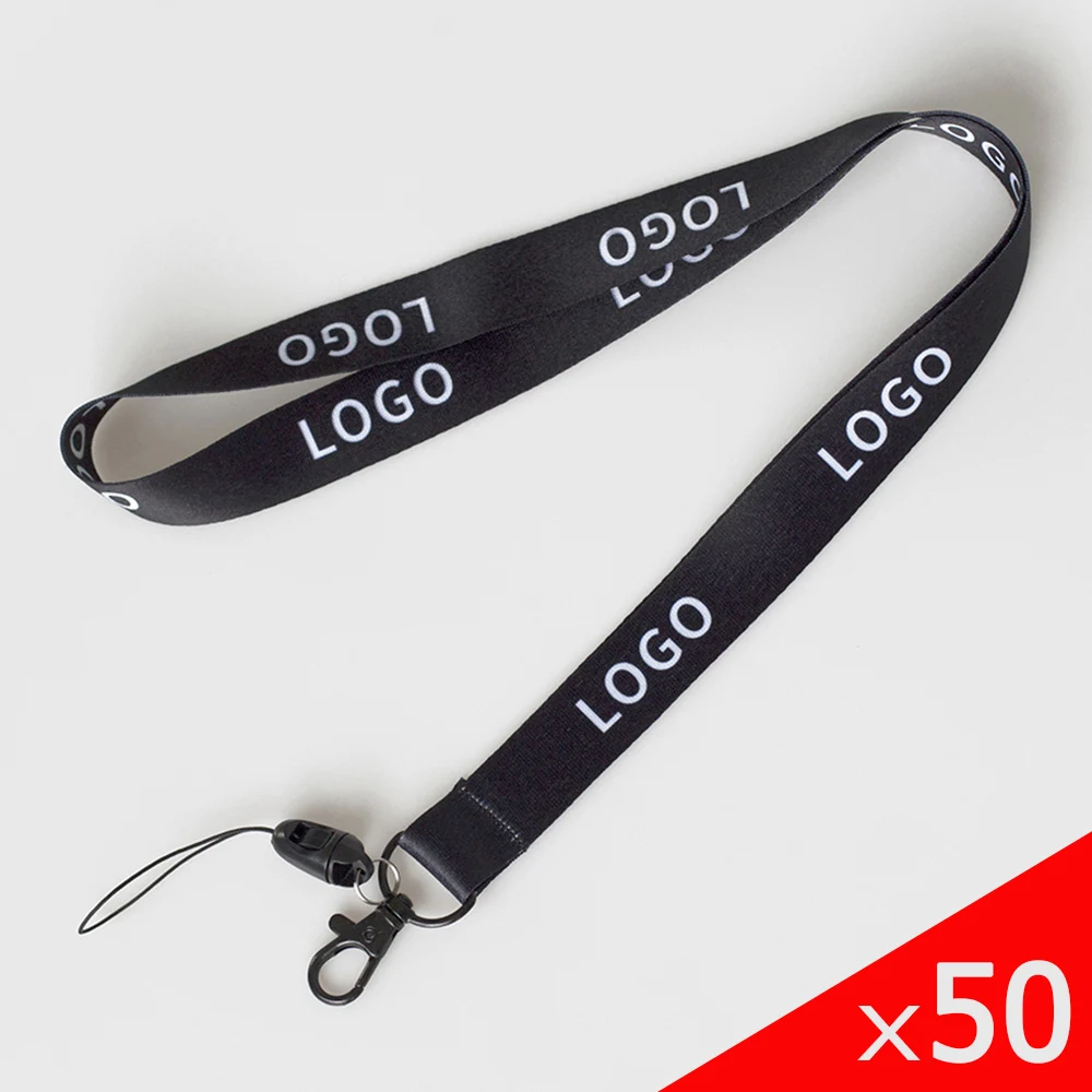 

50 Pcs/lot Custom Logo Keychain High Quality Smooth Neck Rope Lanyard Double Sided Personal Printing Landyard Black Metal Hook