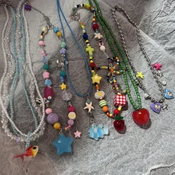 Boho Kpop Colorful Sugar Star Tassel Pendant Choker Necklace for Women Sweet Love Heart Chain Aesthetic Y2K Jewelry Accessories