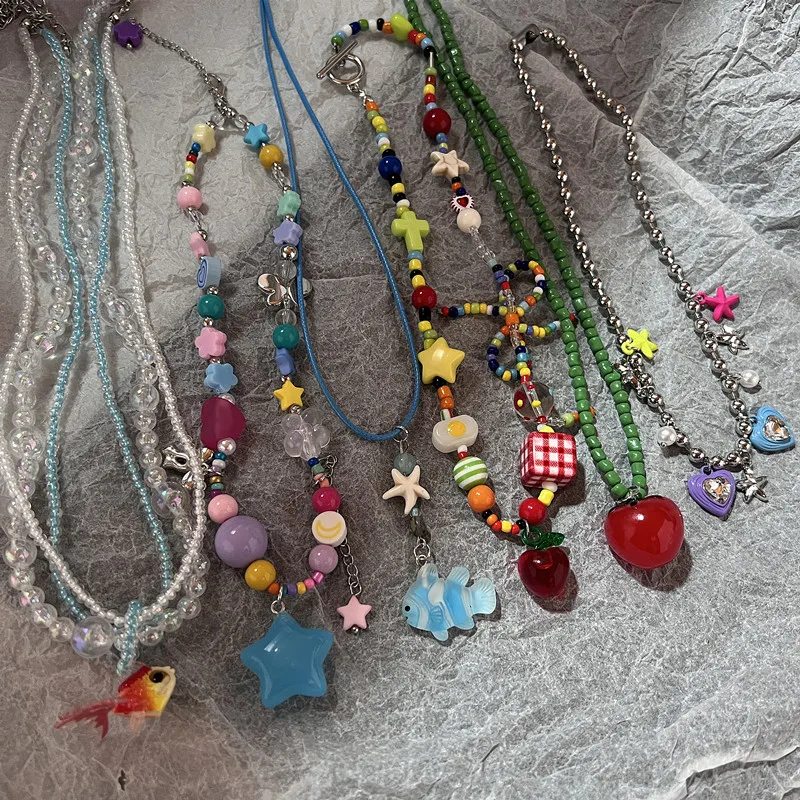 Boho Kpop kolorowy cukrowy gwiazda wisiorek z frędzlami Choker naszyjnik dla kobiet słodka miłość łańcuszek w kształcie serca estetyczne Y2K biżuteria akcesoria