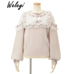 Jirai Kei Clothes Japanese Style Lolita Girl Sweater Autumn New Sweet Mine Series Mass Production Lace Ball Bow Knitted Tops