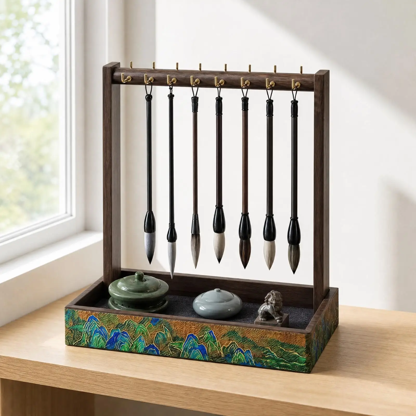 Natural Wood Brush Stand Holder with Felt Tray 12 Hooks for Oriental Writing Brush Set Display