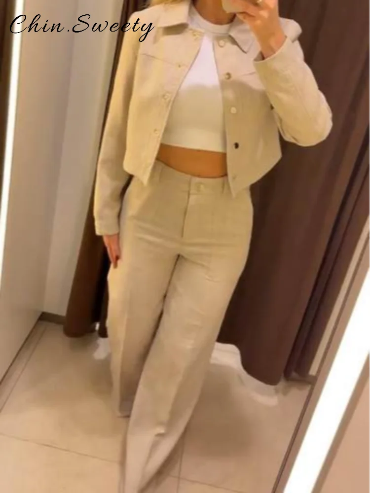 

Шикарный однобортный комплект брюк, женский укороченный пиджак с длинными рукавами и карманами, прямые брюки с низкой талией, осень 2024, женская одежда