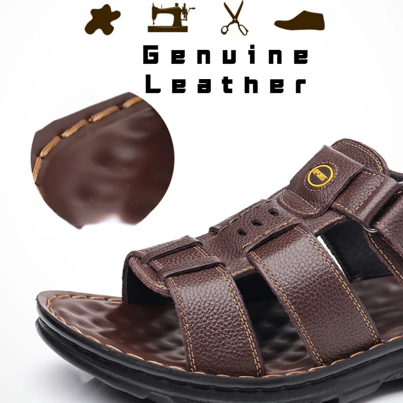 Chaussures de plage en cuir de vachette véritable pour hommes, sandales coordonnantes d\'extérieur, pantoufles de luxe, haute qualité, été, nouveau,