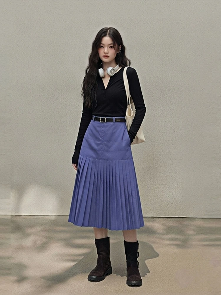 REDDACHiC Causal Woman Solid Pleated Skirt Versatile High Rise Flowy Stitch Ruffle A-line Midi Long Skirt Korea Summer Clothes
