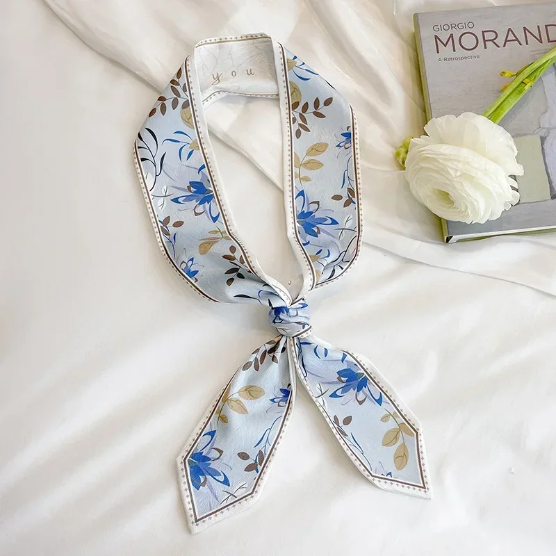 Sharp Corner Fashion Clear Flowers Print Satin Silk Neckerchiefs For Women Double-Deck Spring Summer Hair Bands Bags Ribbons
