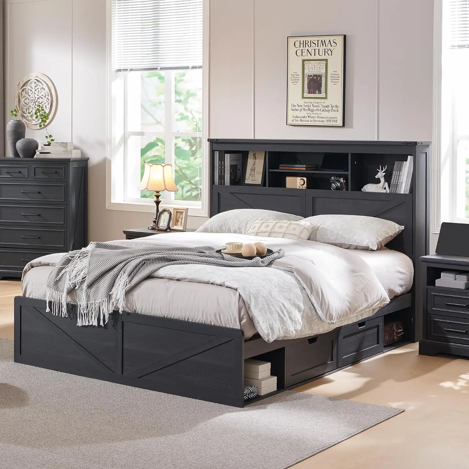 Farmhouse Queen Size Bed Frame, Wooden Platform Bed with 52-Inch Tall Storage Bookcase Headboard, 4 Storage Drawers, LED Lights, Charging Station, Black