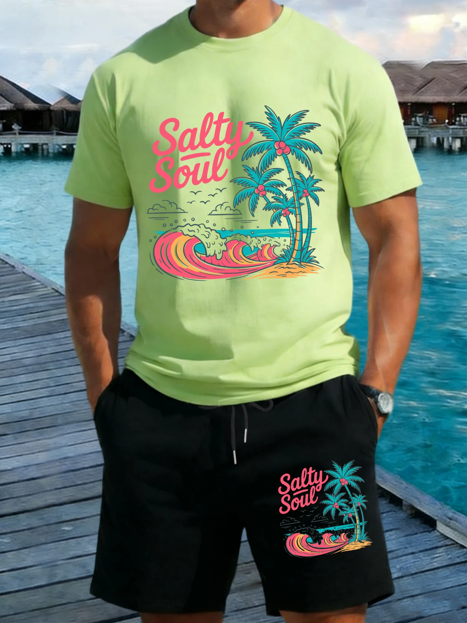 

Salty Soul Coconut Tree Beach Print T Shirt Set Men Cotton Crewneck T-Shirt Summer Pocket Shorts Drawstring Breathable Pants