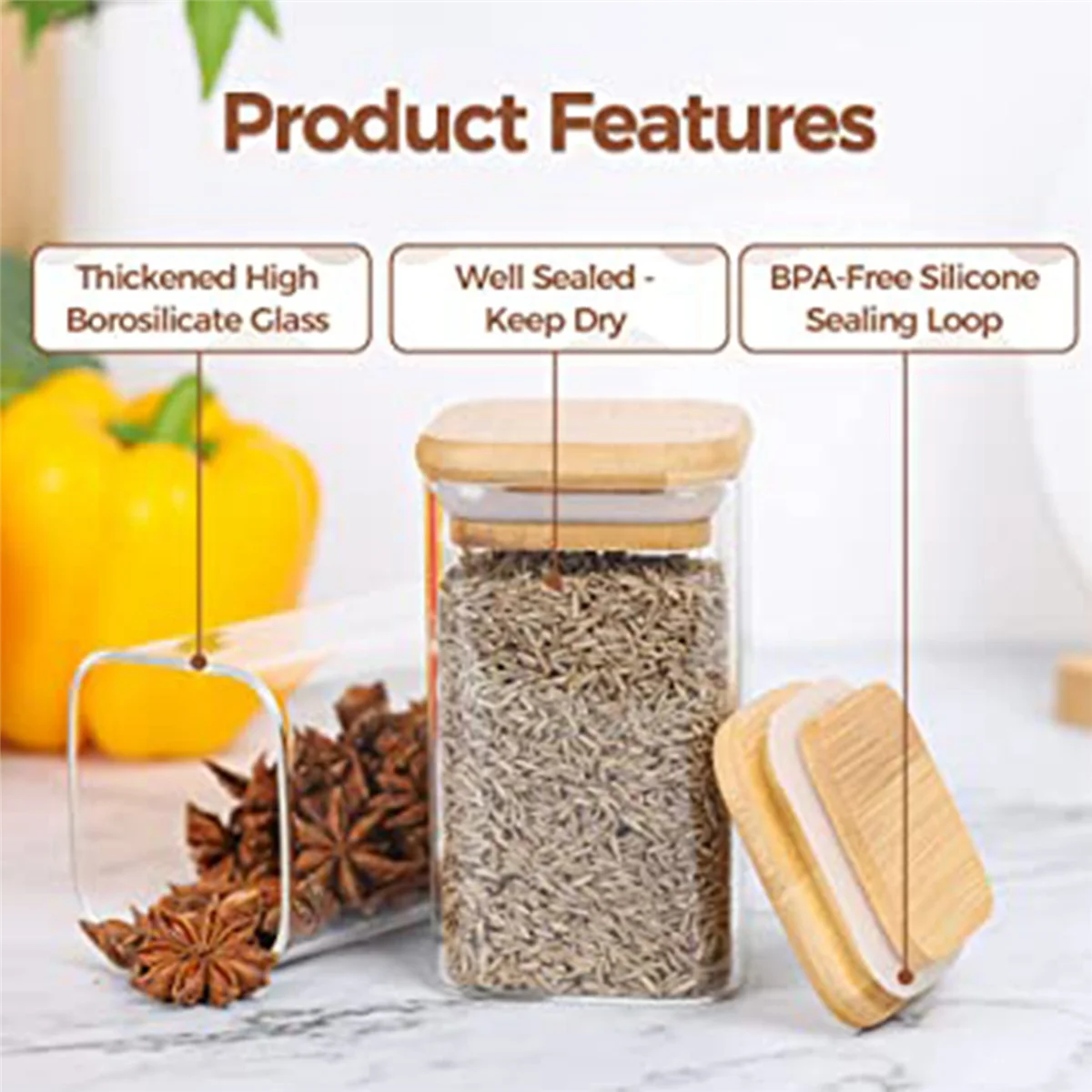 12Pcs Glass Spice Jars with Bamboo Lid, 8Oz Airtight Square Spice Containers , Empty Seasoning Jars for Spice Salt Sugar