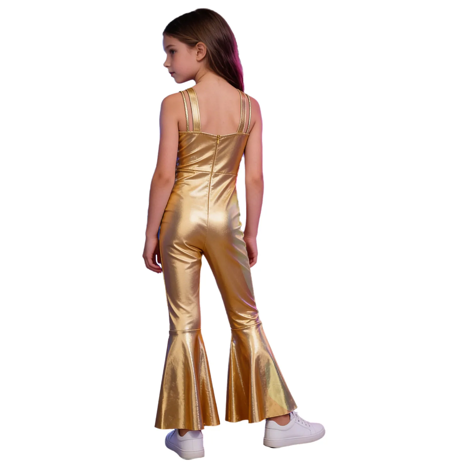 Kids Girls Metallic Disco Jazz Dance Performance Jumpsuit Shiny Sequins Tassels Sleeveless Bell-bottoms Rompers Stage Dancewear view 3