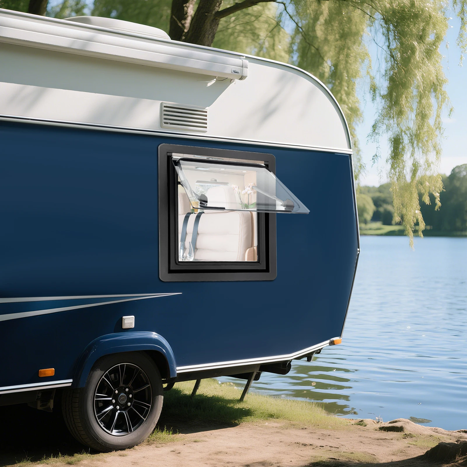 450x500mm RV Push-Out Window 70° Adjustable Caravan Extrapolated Ventilation Window with Integrated Sunshade & Insect Net
