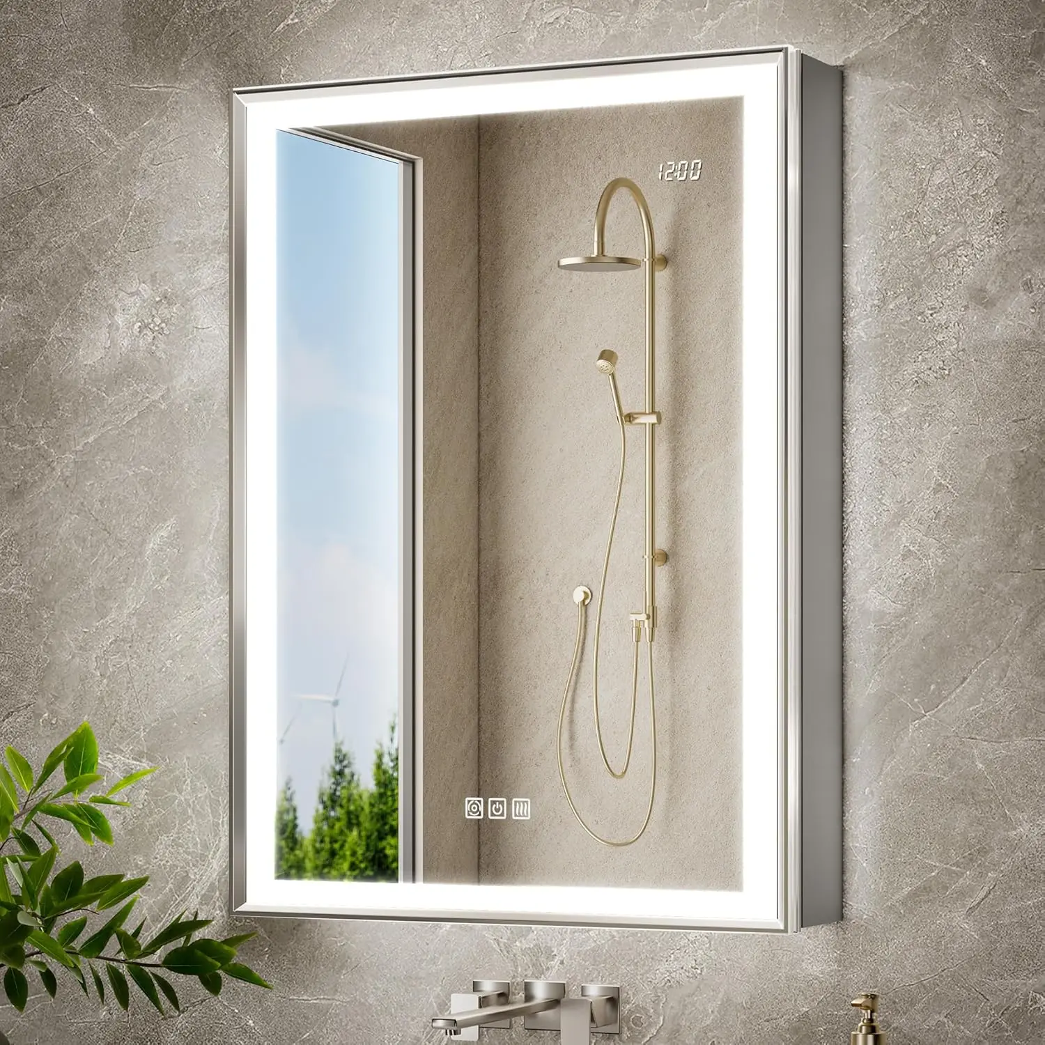 #24x32 Lighted Medicine Cabinet Mirror Fogless Dimmable LED Outlet Time Sensor Right Hinge Customized