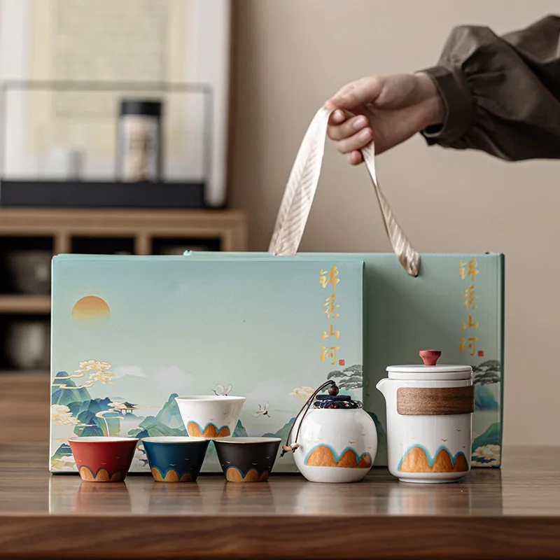 Splendid Mountains and Rivers Tea Set, Express Cup, High-end Gift Ceramic Kung Fu Tea Pot and Cups, Gift Box Set of Six