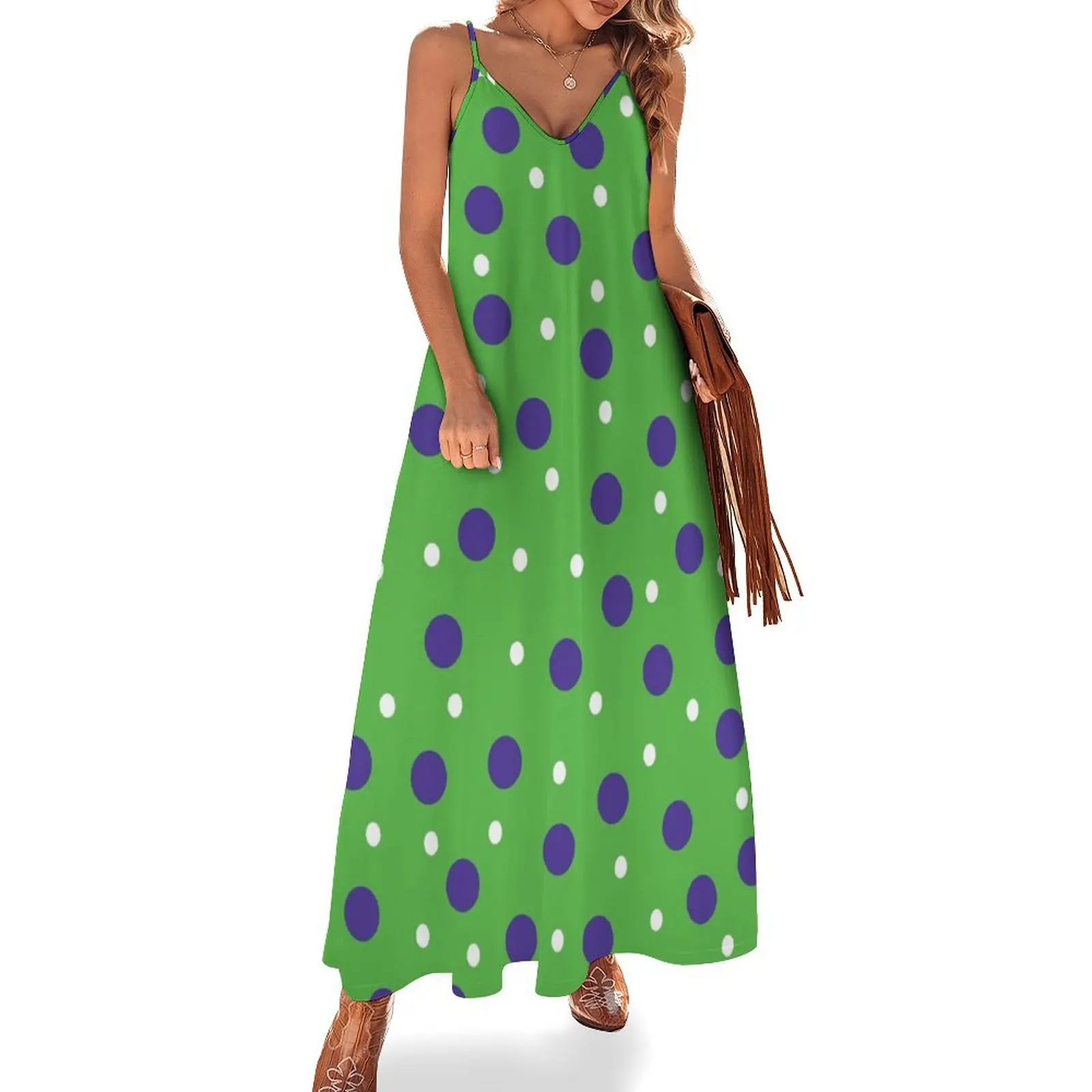 

Lime Green Patern with Purple and White Polka Dots Sleeveless Long Dress wedding guest dress 2025 Dress