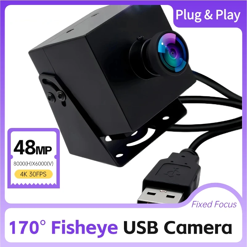 

ELP 48MP USB-камера Utra HD 4K 30fps USB-веб-камера с широкоугольной камерой «рыбий глаз» 170 градусов для видеонаблюдения