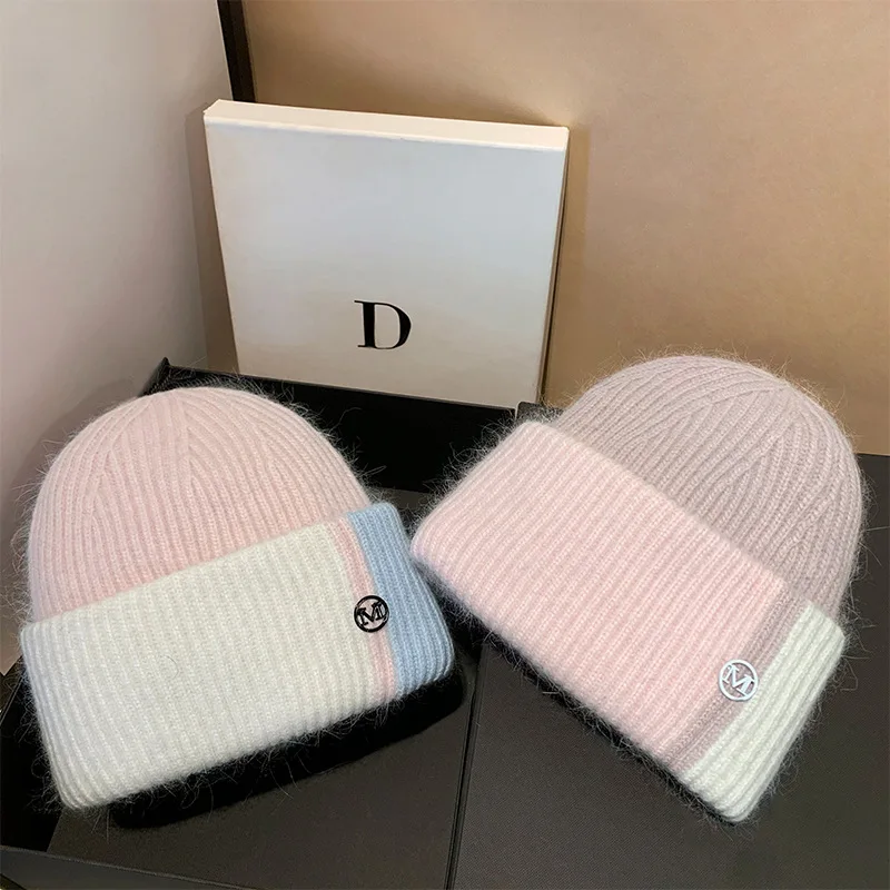 Real Rabbit Fur Winter Women Knitted Hat Fashion Letter M Wool Skullies Beanies Ear Protection Lady Warm Walking Bonnet