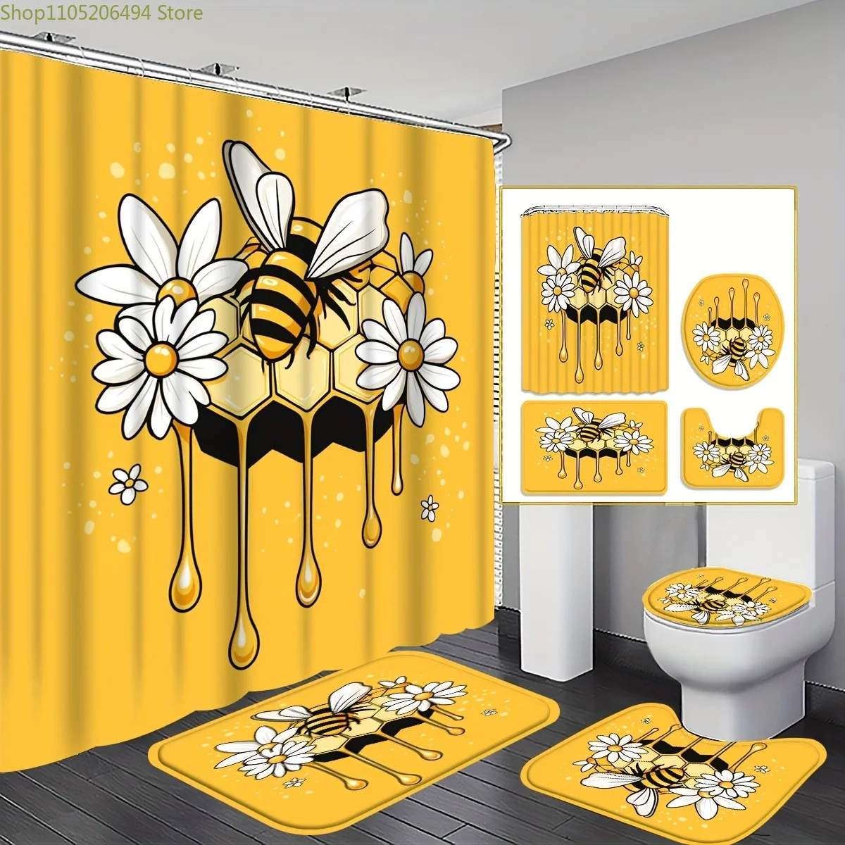 

1/3/4pcs Buzzy Honey Bee on Honeycomb Shower Curtain, Nature Bathroom Decor, Shower curtain set Includes Bath Mat, U-shaped Ma