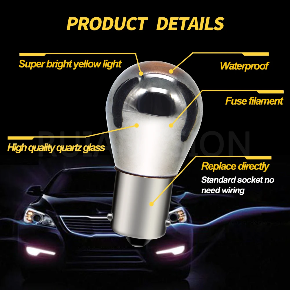 New style Ruiandsion BAU15S Car Light 21W Chrome Silver Amber Yellow Rear Indicator Bulbs Turn Signal Tail Brake Light 12V 2pcs