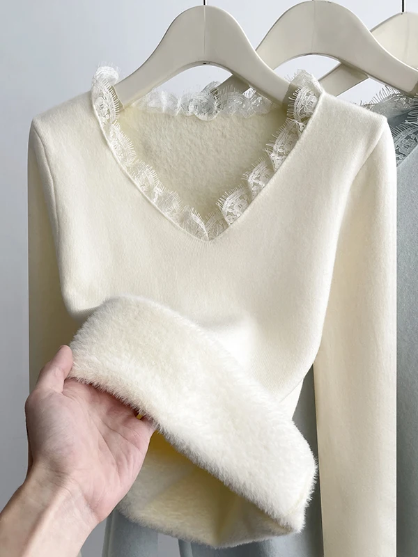 

Thiened Кружевная трикотажная основа irt Женская Fce Inteated Velvet Long Sve V-ne Теплый зимний модный топ Осень Весна