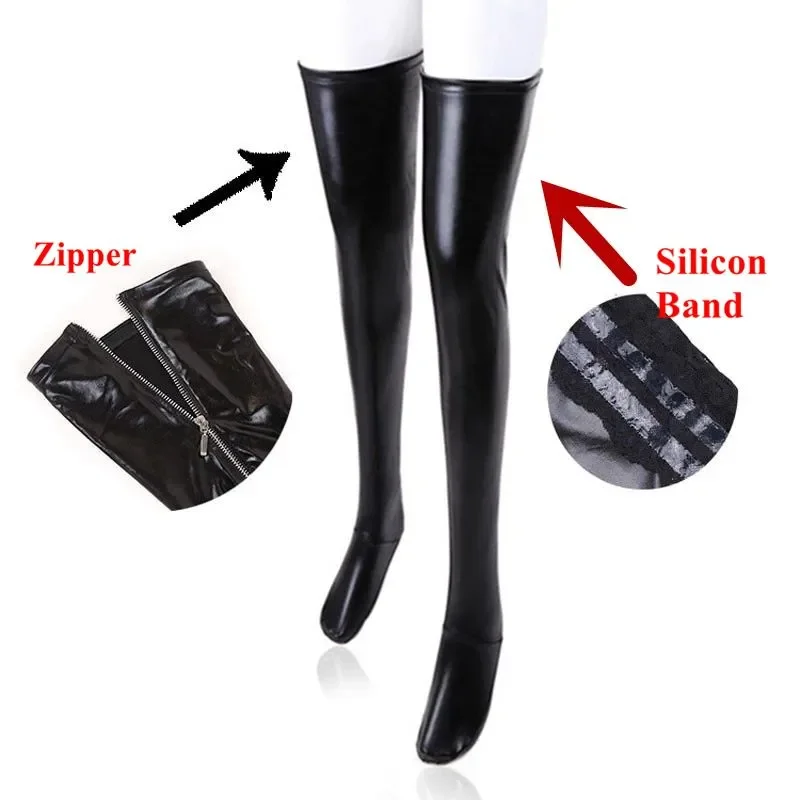 

S-2XL Hot Nightclub Latex Zipper Sexy Stockings PU Leather Silicone Thigh High Stockings Women Sexy Lingerie Pole Dance Hosiery