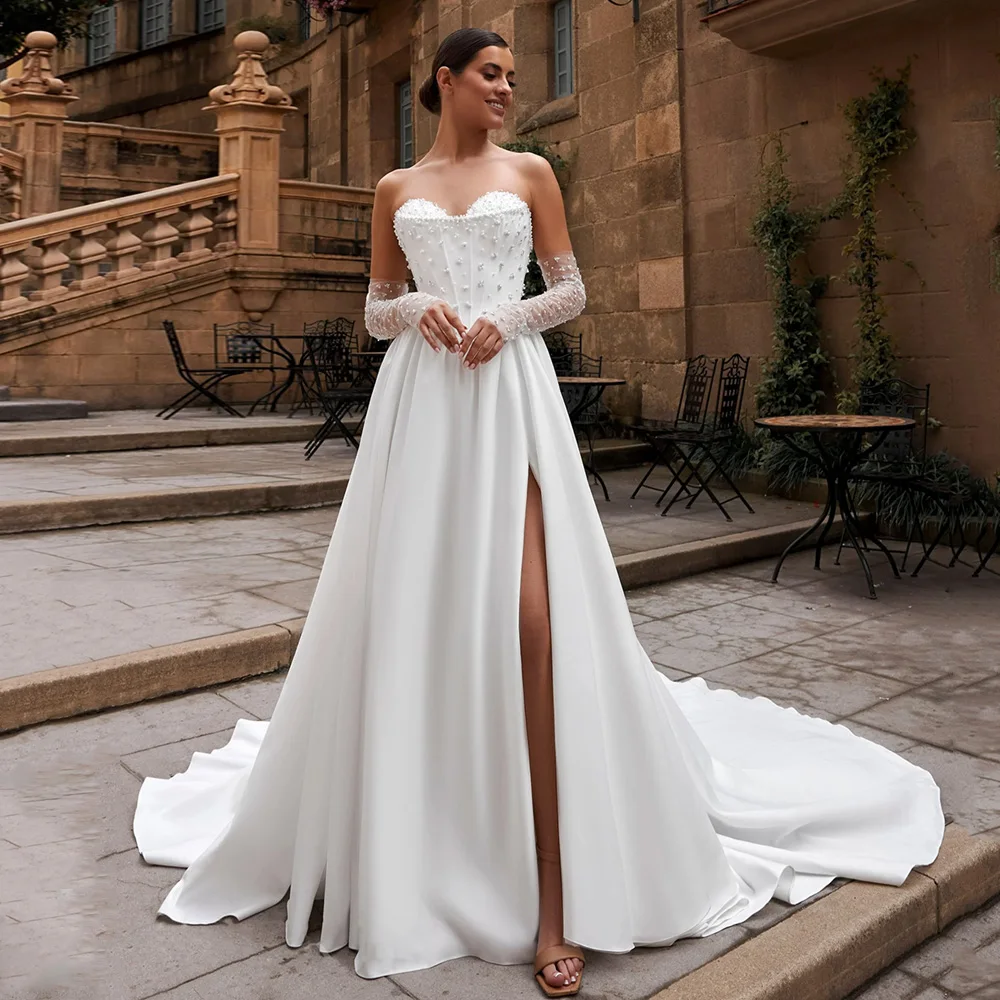 Luxury Corset Wedding Dress Customized Sweetheart Detachable Long Sleeve Beading Pearls High Slit Court Train Satin Bridal Gown