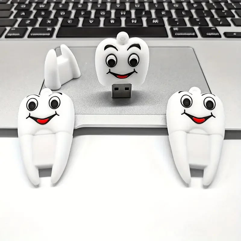 โมเดลฟันการ์ตูนสีขาวพิมพ์โลโก้ได้ตามต้องการ USB2.0แฟลชไดร์ฟ4GB 8GB 16GB 32GB 64GB 128GB