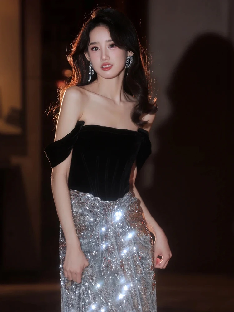 ชุดราตรีไหล่เดียวประดับเลื่อมสำหรับผู้หญิง ดีไซน์หรูหรา สำหรับงานเฉลิมฉลอง พิธีกร กระโปรงยาวแบบไม่มีแขน