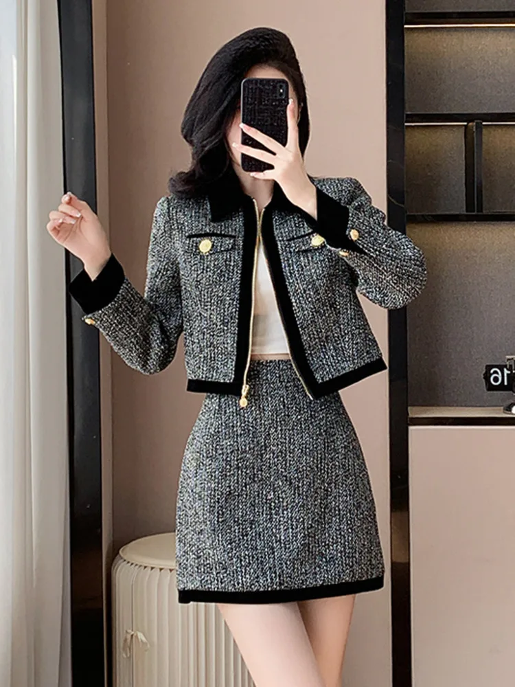 High Quality Fashion Casual Tweed 2 Piece Sets Women Outfit Thicker Jacket Coat + Skirt Suits Elegant Ladies Conjuntos Cortos