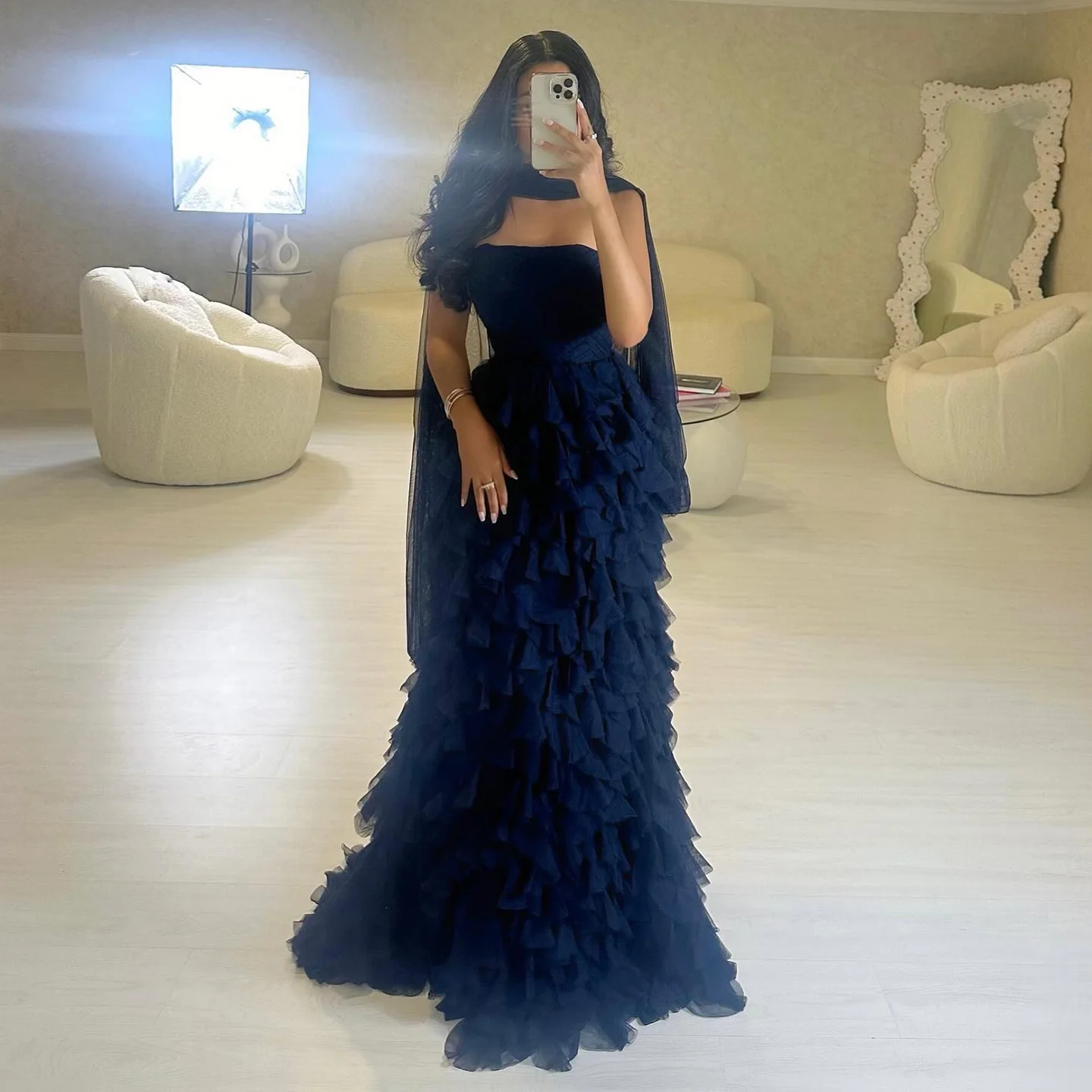 

Элегантное темно-синее вечернее платье русалки Sharon Said с шарфом и оборками, скромные женские свадебные платья SF233, по индивидуальному заказу