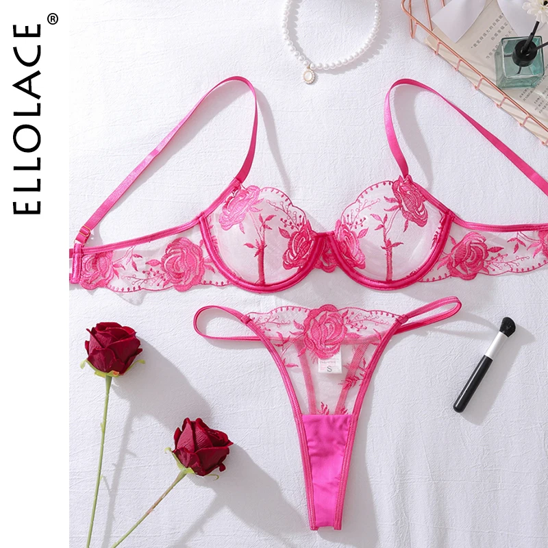 

Ellolace Elegant Sexy Female Lingerie French Rose Embroidered 2PC Bra Hilitos Set Romantic Boudoir Intimate Cougar Underwear