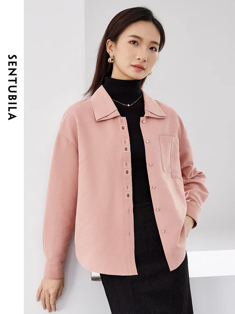 

SENTUBILA Simple Contrast Embroidery Shirts for Women 2024 Spring Fashion Brushed Drop Long Sleeve Tops Woman Clothing 141C52622