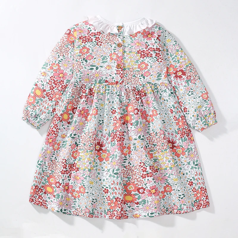 Little maven Spring Autumn Peter Pan Collar Kids Girl Long Sleeves Chick Applique Cartoon Dress Floral Baby Girls Princess Dress