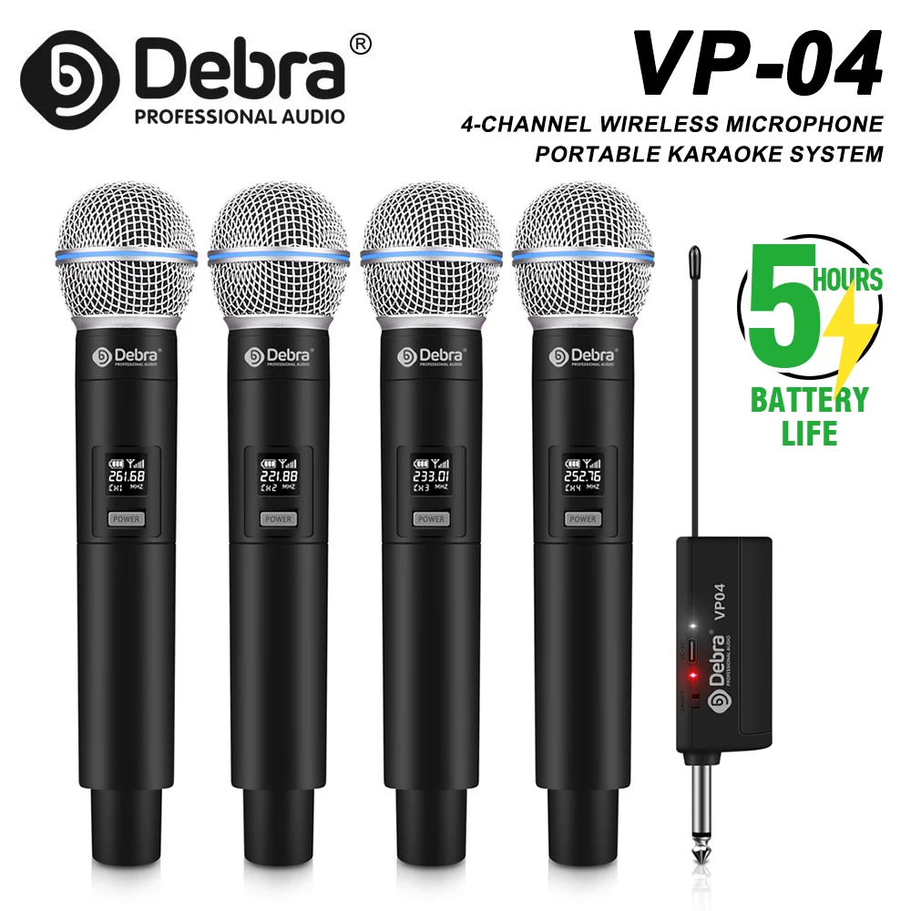 

Беспроводная 4-канальная портативная микрофонная система Debra VP-04, перезаряжаемые микрофоны для групп и караоке
