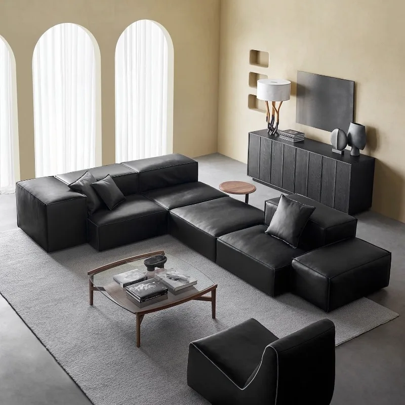 Italian minimalist double-sided seat black module, leather sofa designer modern light luxury combination