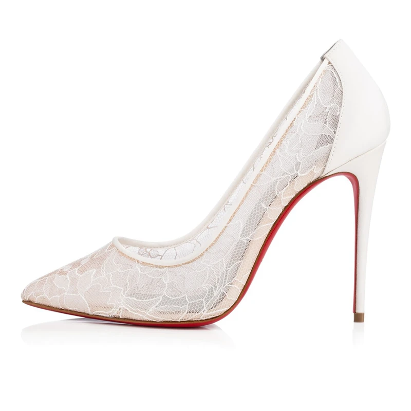 Spring and summer new pointed shallow lace mesh breathable red sole shoes thin high-heeled banquet dress large size women\'s shoe