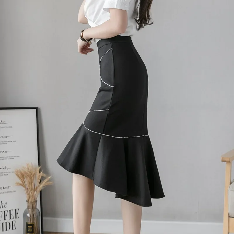 Vrouwen Lange Rokken Oversized 2024 Mode Zwarte Ruches Hoge Taille Bodycon Rok Elegante Koreaanse Kleding Kantoor Sexy Kokerrok