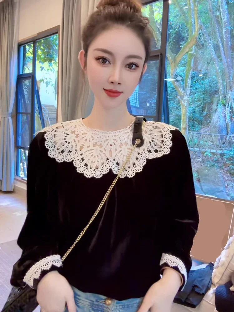 Ele encaje Patchwork terciopelo irt mujer Faion adelgazante Bla Top lujo Sle largo Sve suelta Fit niñas irt