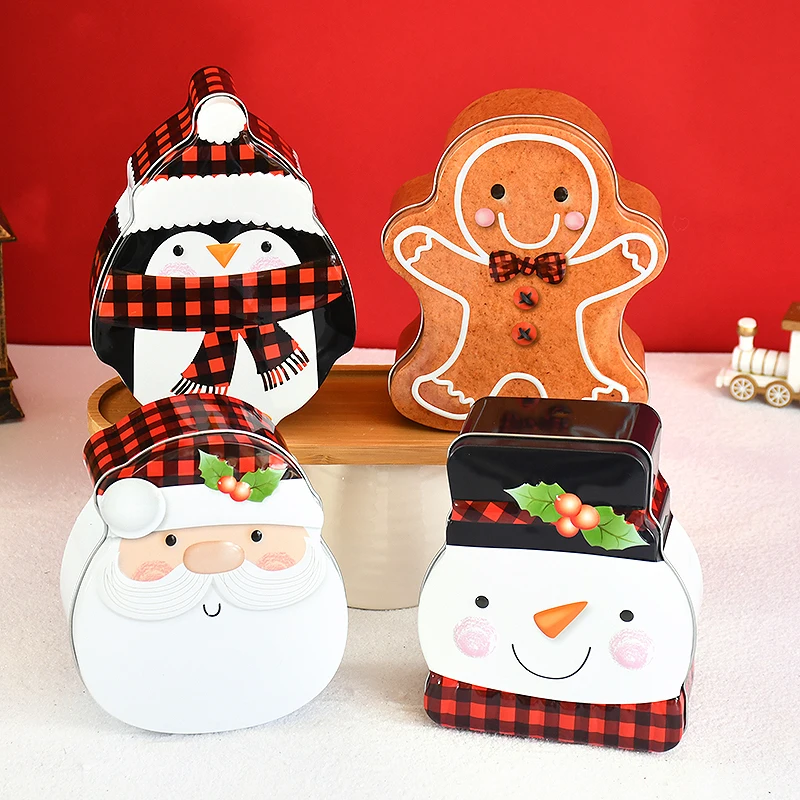 1Pcs Christmas Iron Candy Box With Lid Santa Claus Snowman Penguin Gingerbread Man Cookies Snacks Gift Box Xmas Party Decoration